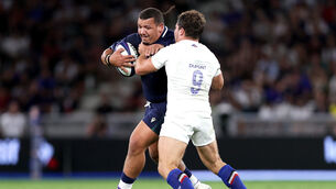 <p>Scotland's Javan Sebastian and Antoine Dupont of France. Pic Credit ©INPHO/Laszlo Geczo</p>