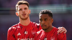 <p>Declan Rice and Jurrien Timber: Dutch defender will have an operation after tests showed ligament damage</p>