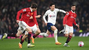 <p>BATTLE: Son Heung-Min of Tottenham Hotspur battles for the ball with Luke Shaw, Bruno Fernandes and Victor Lindelof of Manchester United during the Premier League match at Tottenham Hotspur Stadium in April. Pic: Shaun Botterill/Getty Images</p>