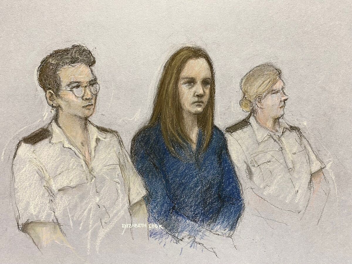 Lucy Letby listening to the verdicts being read at Manchester Crown Court. Drawing: Elizabeth Cook/PA Wire Lucy Letby listening to the verdicts being read at Manchester Crown Court. Drawing: Elizabeth Cook/PA Wire