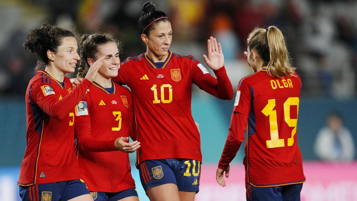 Spain's Ivana Andres, Teresa Abelleira, Jennifer Hermoso and Olga Carmona, from left, celebrate at the end of the match against  Zambia. Pic:AP Photo/Abbie Parr