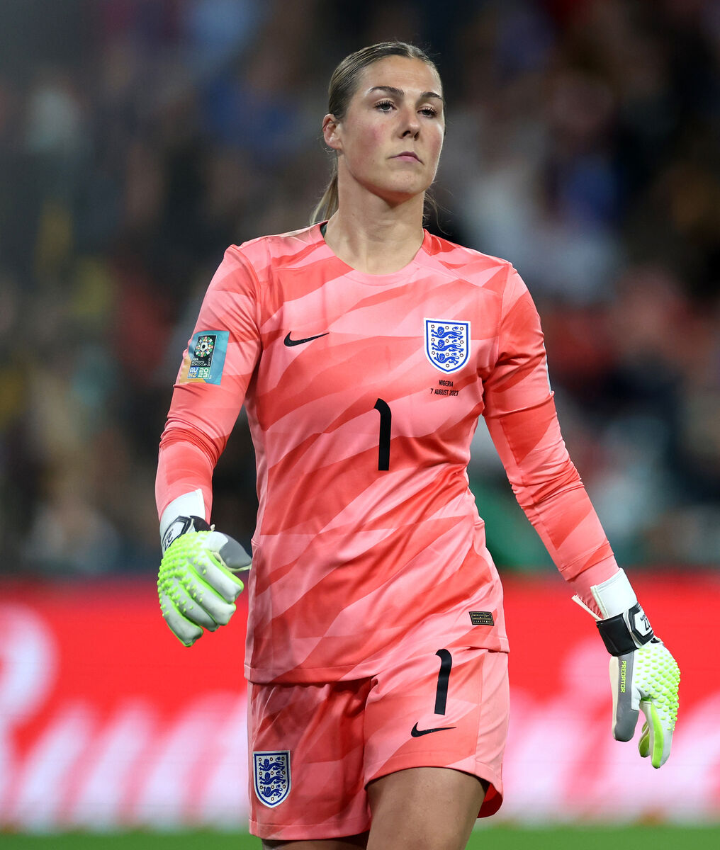 England goalkeeper Mary Earps during a penalty shoot-out after extra time. Pic: James Warwick
