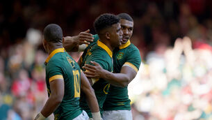 <p>MESSAGE SENT: South Africa's Canan Moodie celebrates scoring his sides sixth try during the Summer Nations Series match at the Principality Stadium, Cardiff. </p>