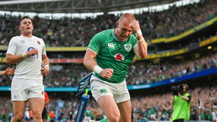 <p>NICE ONE, CENTURION: Keith Earls of Ireland celebrates after scoring his side's fourth try. PICTURE: Brendan Moran/Sportsfile</p>
