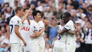 <p>NEW ERA: Tottenham Hotspur’s Son Heung-min (centre) celebrates with teammates after their side’s second goal.</p>