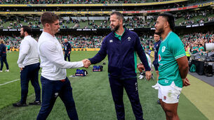 <p>FAMILY TIES: Ireland head coach Andy Farrell with Owen Farrell and Manu Tuilagi of England after the game. Picture: INPHO/Dan Sheridan</p>