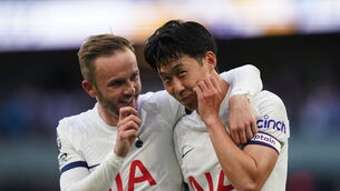 <p>Tottenham Hotspur's Son Heung-min (right) and James Maddison hug after the Premier League match at the Tottenham Hotspur Stadium, London. Pic: PA</p>