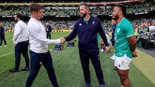 <p>RESPECT: Ireland head coach Andy Farrell with Owen Farrell and Manu Tuilagi of England after the game. Pic: INPHO/Dan Sheridan</p>