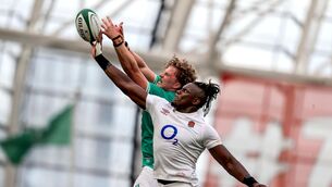 <p>WORK-ONS: Ireland's Cian Prendergast and Maro Itoje of England compete for a lineout. Pic: INPHO/Dan Sheridan</p>