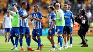 <p>FAST START: Brighton and Hove Albion's Lewis Dunk, Pascal Gross and Julio Enciso following the Premier League match at Molineux. Pic: Bradley Collyer/PA Wire</p>