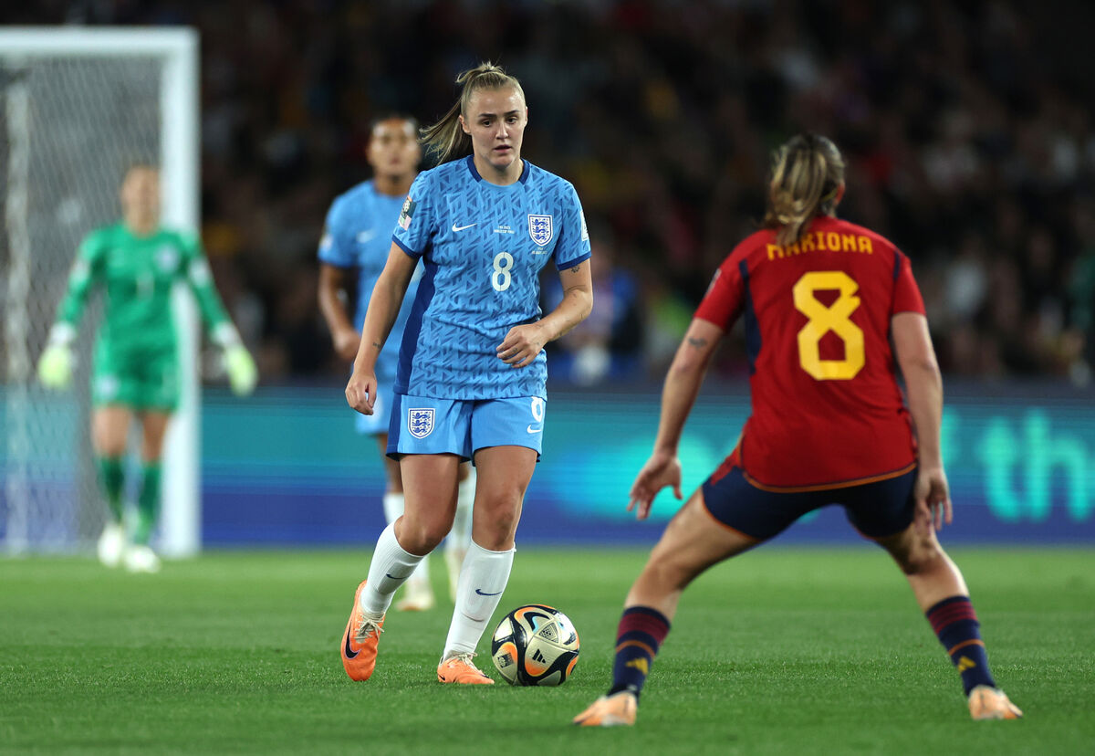 England's Georgia Stanway under pressure from Spain's Mariona Caldentey during the Fifa Women's World Cup final match at Stadium Australia, Sydney. England's Georgia Stanway under pressure from Spain's Mariona Caldentey during the Fifa Women's World Cup final match at Stadium Australia, Sydney.