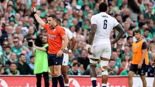 <p>UPGRADED: Referee Paul Williams shows a red card to Billy Vunipola of England. Pic: INPHO/Ben Brady</p>
