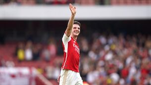 <p>NEW MAN: Arsenal's Declan Rice waves to the crowd following the Premier League win over Nottingham Forest. Pic: Adam Davy/PA Wire</p>