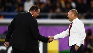 <p>OLD FRIENDS: Hansen and Jones before the 2019 Rugby World Cup semi-final England and New Zealand.</p>