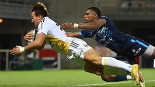 <p>TRY: La Rochelle's French wing Nathan Bollengier dives over for his first Top 14 try in Montpellier</p>