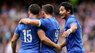 <p>RWC ANNOUNCED: France's Batiste Couilloud celebrates scoring a try with Brice Dulin and Yoram Moefana. Pic: ©INPHO/Laszlo Geczo</p>