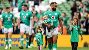 <p>FAMILY AFFAIR: Ireland's Jamison Gibson-Park after the game with his daughters Isabella and Iris. Pic: INPHO/Ben Brady</p>
