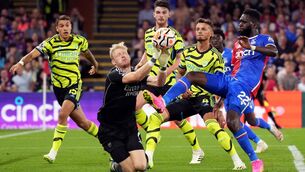 <p>Arsenal goalkeeper Aaron Ramsdale and Crystal Palace's Odsonne Edouard battle for the ball during the Premier League match at Selhurst Park. Pic: John Walton/PA Wire</p>