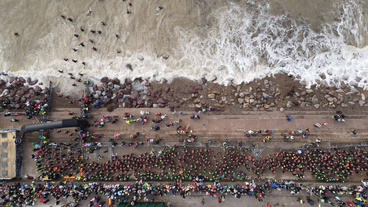 An aerial shot from the start of the swim at the Youghal Ironman 2023. Picture: Tri Coach Bjorn An aerial shot from the start of the swim at the Youghal Ironman 2023. Picture: Tri Coach Bjorn