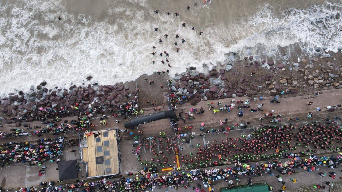 An aerial shot from the start of the swim at the Youghal Ironman 2023. Picture: Tri Coach Bjorn