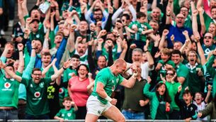 <p>CROWL-PLEASER: Keith Earls celebrates his try against England.</p>