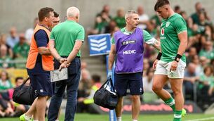<p>INJURY DOUBT: Dan Sheehan leaves the pitch in the first half of Ireland's win over England. Photo by Ramsey Cardy/Sportsfile</p>