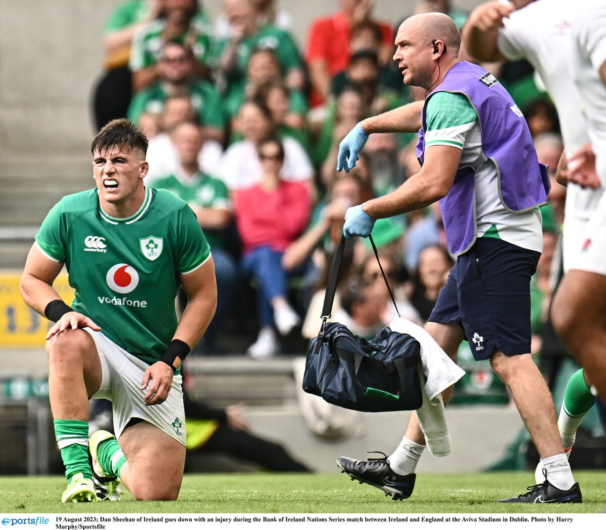 Dan Sheehan of Ireland goes down with an injury during the Bank of Ireland Nations Series match between Ireland and England at the Aviva Stadium in Dublin. Photo by Harry Murphy/Sportsfile Dan Sheehan of Ireland goes down with an injury during the Bank of Ireland Nations Series match between Ireland and England at the Aviva Stadium in Dublin. Photo by Harry Murphy/Sportsfile