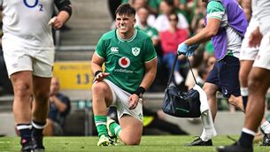 <p>VITAL COG: Dan Sheehan of Ireland goes down with an injury during the Bank of Ireland Nations Series match between Ireland and England. Pic: Harry Murphy/Sportsfile</p>