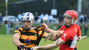 <p> AVONDHU THROUGH: Avondhu's Jack Twomey and UCC's Conor McGoldrick tussle for the sliotar during the Cork Divisional / College Hurling Championship semi final at Mourneabbey. Picture; Eddie O'Hare</p>