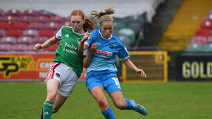 <p>Cork City's Nadine Seward tackles Peamount United's Tara O'Hanlon. Picture; Eddie O'Hare</p>