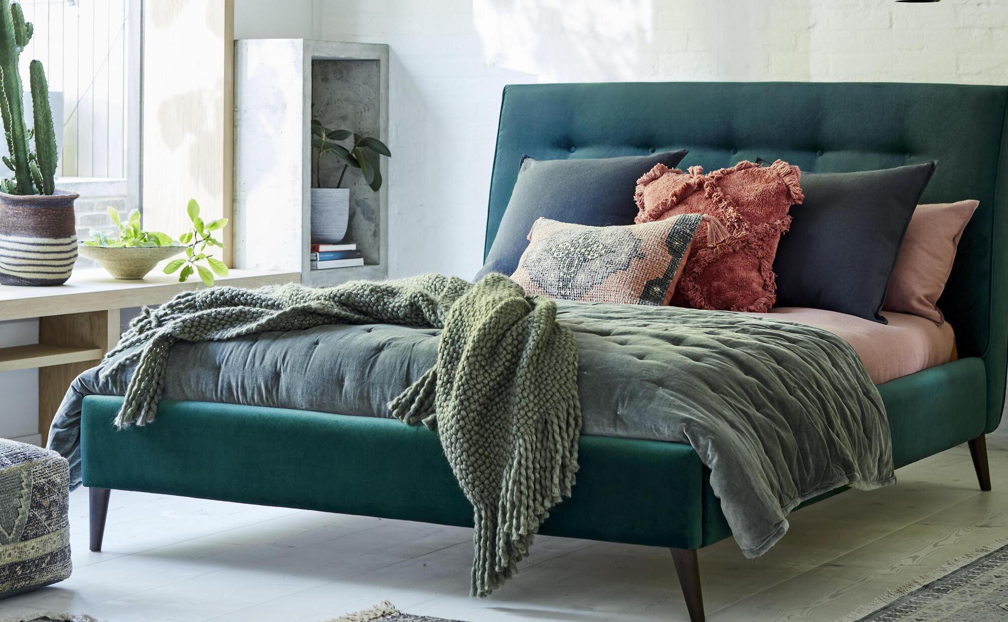 French Connection Zinc double bedframe in Forest Green velvet, €1429, available exclusively at DFS.