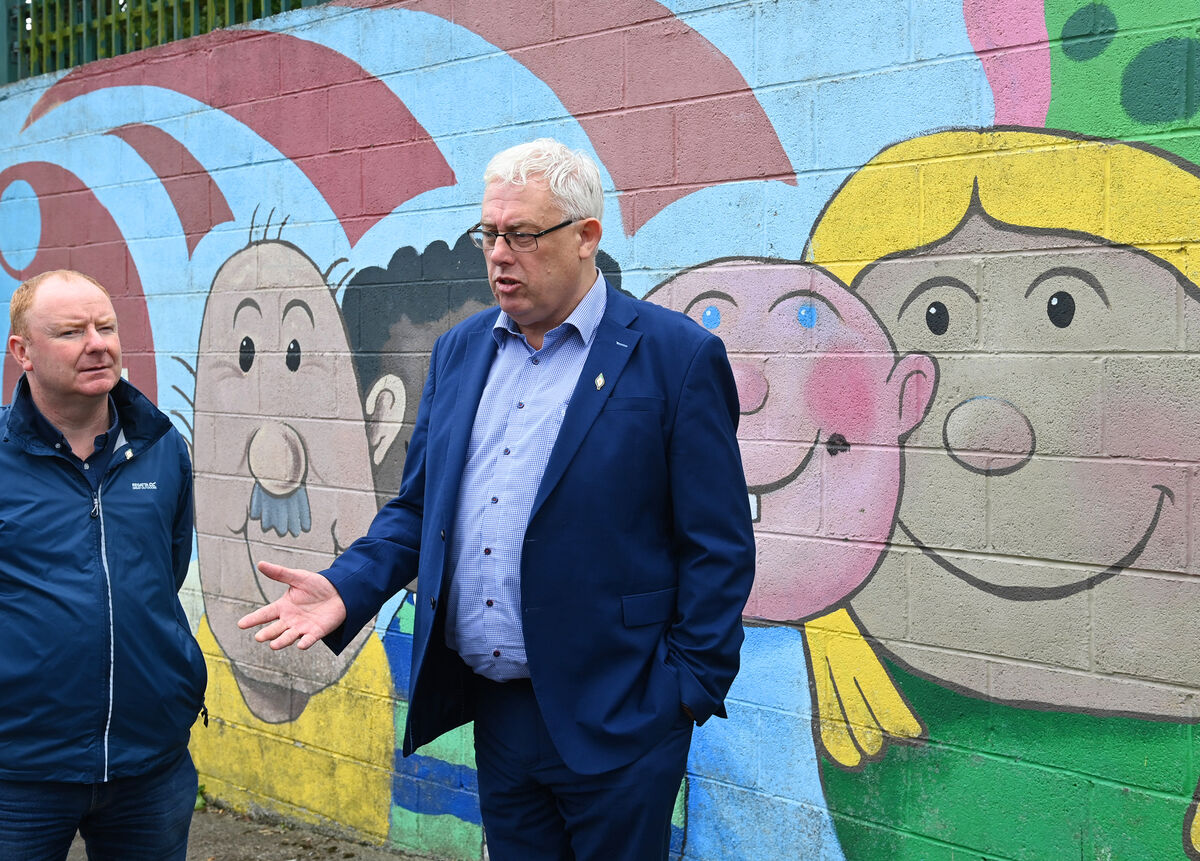 Cllr Mick Nugent and Sinn Féin TD Thomas Gould speaking with reporters after the meeting at the centre. Picture: Larry Cummins Cllr Mick Nugent and Sinn Féin TD Thomas Gould speaking with reporters after the meeting at the centre. Picture: Larry Cummins