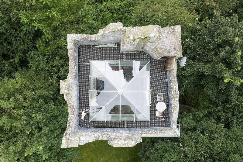Bird's eye view of Ballintotis Castle and its pyramid-shaped glass roof