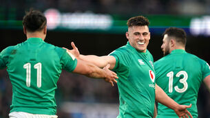 <p>HOOK OR BY CROOK: Ireland's Dan Sheehan (right) celebrates scoring a try. </p>