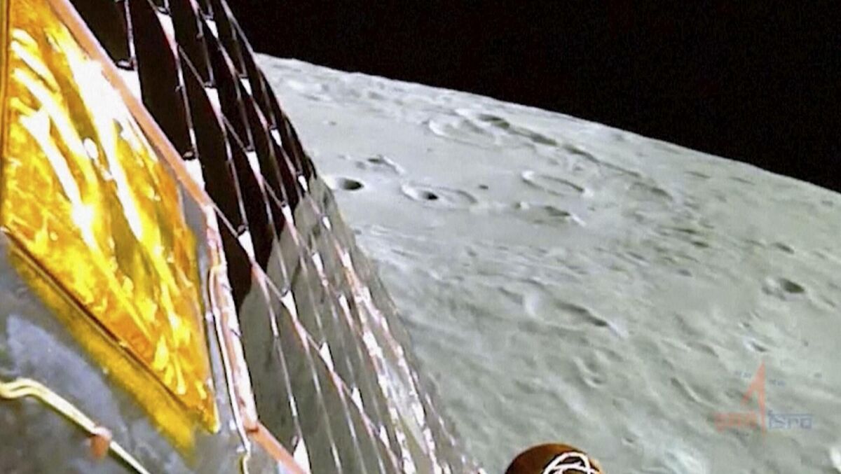 This image from video provided by the Indian Space Research Organisation shows the surface of the moon as the Chandrayaan-3 spacecraft prepares for landing. This image from video provided by the Indian Space Research Organisation shows the surface of the moon as the Chandrayaan-3 spacecraft prepares for landing.