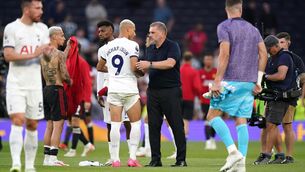 <p>NO WORRIES: Tottenham Hotspur's Richarlison greets manager Ange Postecoglou following the Premier League win over Manchester United at the Tottenham Hotspur Stadium. Pic: John Walton/PA Wire</p>