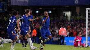 <p>ON THE DOUBLE: Chelsea's Raheem Sterling celebrates scoring his side's first goal of the game. Pic: John Walton/PA Wire</p>
