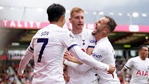 <p>CLINCHER: Tottenham Hotspur's Dejan Kulusevski celebrates scoring his side's second goal of the game with team-mates Son Heung-min and James Maddison during the Premier League match at the Vitality Stadium. Pic: PA</p>