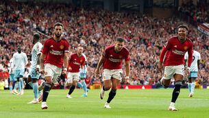 <p>Manchester United's Bruno Fernandes celebrates scoring their side's third goal of the game during the Premier League match at Old Trafford, Manchester. Picture: Nick Potts/PA Wire. </p>