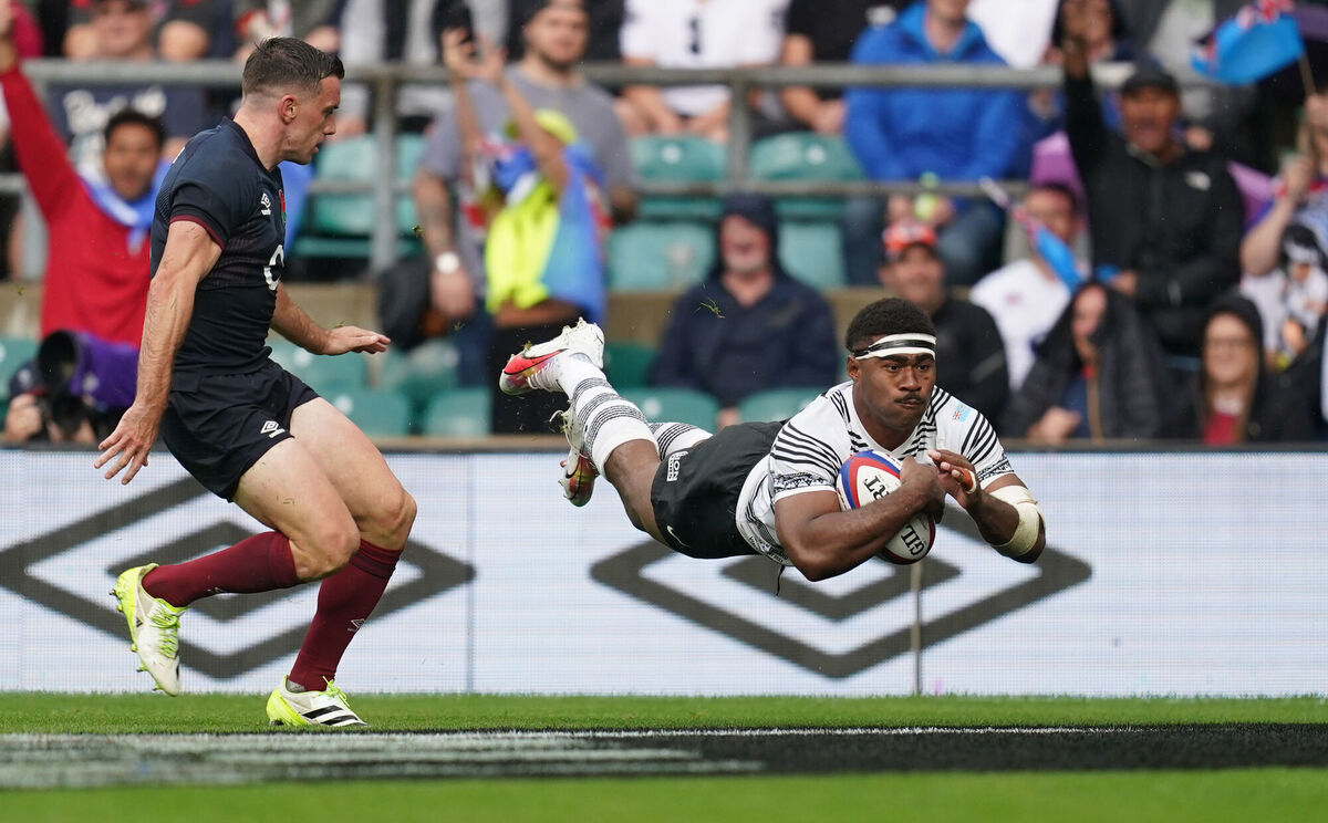 Fiji’s Vinaya Habosi scores his sides second try during the Summer Nations Series match at Twickenham Stadium, London. Picture: David Davies/PA Wire. Fiji’s Vinaya Habosi scores his sides second try during the Summer Nations Series match at Twickenham Stadium, London. Picture: David Davies/PA Wire.