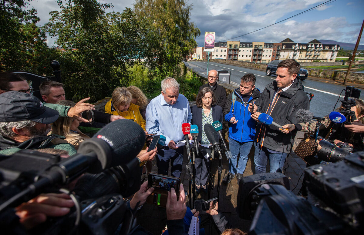 Michael O'Loughlin, principal of Presentation Secondary School Clonme and Anne McGrath, principal of Loreto Secondary School, make statements near the scene where four young people died in a car crash in Clonmel, Co Tipperary, while on the way to exam results celebrations. Picture: Damien Storan/PA Wire