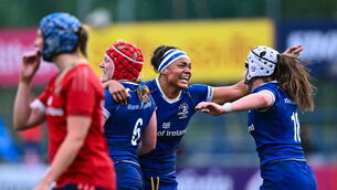 <p>Leinster players, from left, Aoife Wafer, Eimear Corri and Sarah Delaney celebrate after their side's victory in the Vodafone Women’s Interprovincial Championship match between Leinster and Munster at Energia Park in Dublin. Photo by Piaras Ó Mídheach/Sportsfile</p>