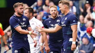 <p>Duhan van der Merwe (right) celebrates his first try (Jane Barlow/PA)</p>