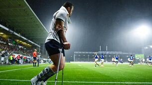<p>26 August 2023; Injured Cian Healy of Ireland watches on during the Rugby World Cup warm-up match between Ireland and Samoa at Parc des Sports Jean Dauger in Bayonne, France. Photo by Harry Murphy/Sportsfile</p>