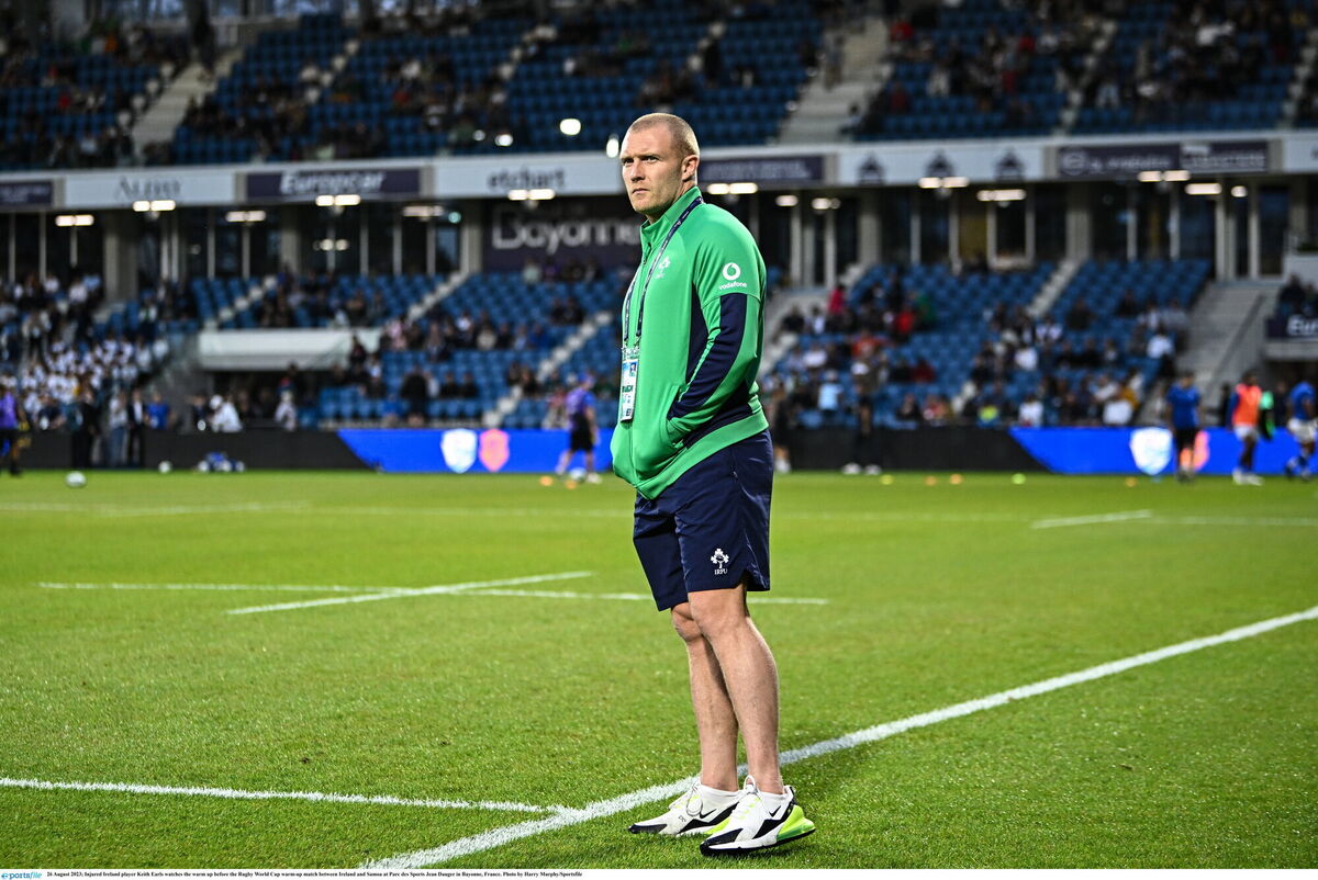 Injured Ireland player Keith Earls watches the warm up before the Rugby World Cup warm-up match between Ireland and Samoa at Parc des Sports Jean Dauger in Bayonne, France. Photo by Harry Murphy/Sportsfile Injured Ireland player Keith Earls watches the warm up before the Rugby World Cup warm-up match between Ireland and Samoa at Parc des Sports Jean Dauger in Bayonne, France. Photo by Harry Murphy/Sportsfile