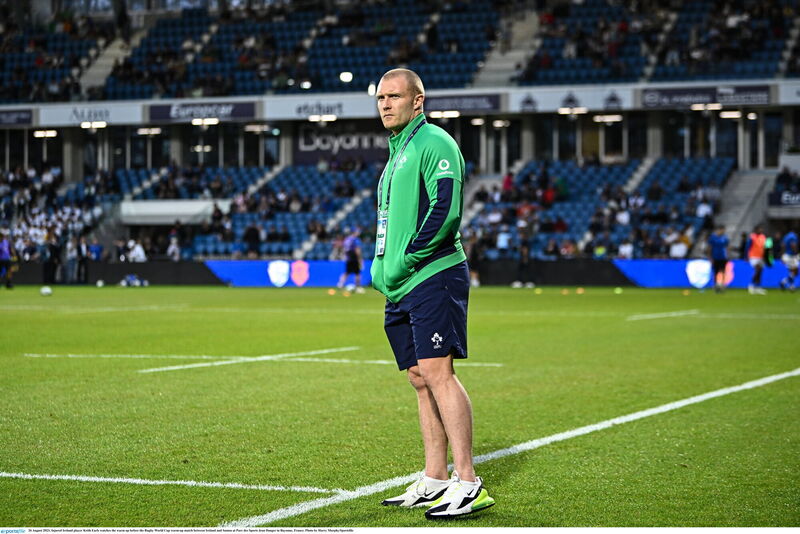 Injured Ireland player Keith Earls watches the warm up before the Rugby World Cup warm-up match between Ireland and Samoa at Parc des Sports Jean Dauger in Bayonne, France. Photo by Harry Murphy/Sportsfile