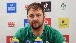 <p>Ireland’s Iain Henderson during the post-Samoa press conference</p>