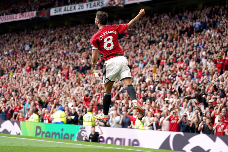 Manchester United's Bruno Fernandes celebrates scoring their side's third goal of the game during the Premier League match at Old Trafford, Manchester. Picture: Nick Potts/PA Wire 