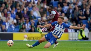 <p>CLINICAL: West Ham United's Michail Antonio scores their sides third goal during the Premier League match at the Amex. Pic: Gareth Fuller/PA Wire</p>
