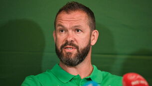 <p>27 August 2023; Head coach Andy Farrell during the announcement of the Ireland Rugby World Cup squad at The Shelbourne Hotel in Dublin. Photo by Brendan Moran/Sportsfile</p>